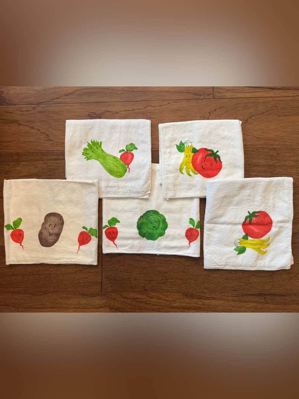 5 Anthropomorphic Hand-Painted Vegetable Cotton Feed Sack Kitchen Towels